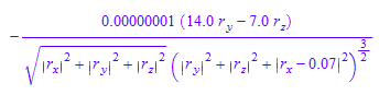 -(0.00000001*(14.0*r[y] - 7.0*r[z]))/((abs(r[x])^2 + abs(r[y])^2 + abs(r[z])^2)^(1/2)*(abs(r[y])^2 + abs(r[z])^2 + abs(r[x] - 0.07)^2)^(3/2))