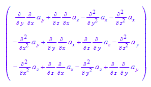 matrix([[- diff(a[x], y, y) + diff(diff(a[y], x), y) - diff(a[x], z, z) + diff(diff(a[z], x), z)], [- diff(a[y], x, x) + diff(diff(a[x], x), y) + diff(diff(a[z], y), z) - diff(a[y], z, z)], [- diff(a[z], x, x) + diff(diff(a[x], x), z) - diff(a[z], y, y) + diff(diff(a[y], y), z)]])