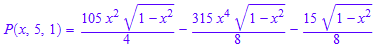 P(x, 5, 1) = (105*x^2*(1 - x^2)^(1/2))/4 - (315*x^4*(1 - x^2)^(1/2))/8 - (15*(1 - x^2)^(1/2))/8