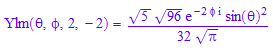 Ylm(`&theta;`, `&phi;`, 2, -2) = (5^(1/2)*96^(1/2)*exp(-2*`&phi;`*I)*sin(`&theta;`)^2)/(32*PI^(1/2))