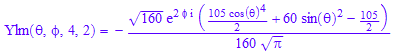 Ylm(`&theta;`, `&phi;`, 4, 2) = -(160^(1/2)*exp(2*`&phi;`*I)*((105*cos(`&theta;`)^4)/2 + 60*sin(`&theta;`)^2 - 105/2))/(160*PI^(1/2))