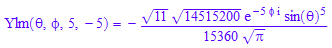 Ylm(`&theta;`, `&phi;`, 5, -5) = -(11^(1/2)*14515200^(1/2)*exp(-5*`&phi;`*I)*sin(`&theta;`)^5)/(15360*PI^(1/2))